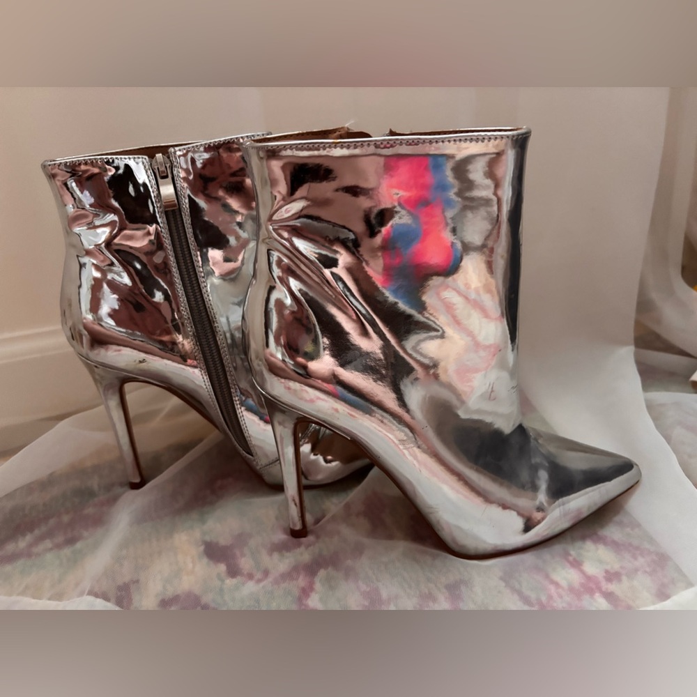 Metallic Silver Women's Ankle Boots - High Heel Zip Booties